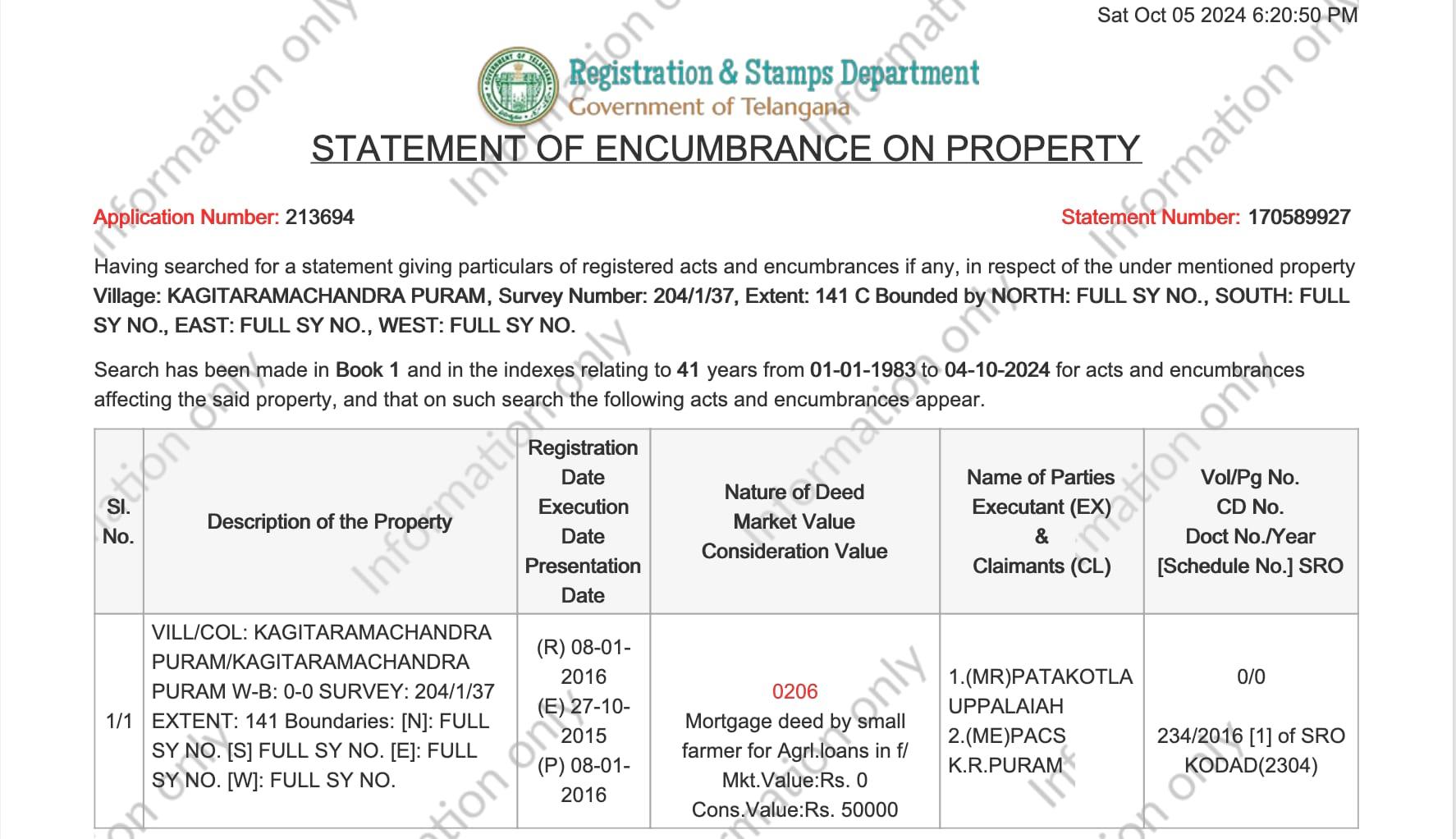 Telangana Encumbrance Certificate