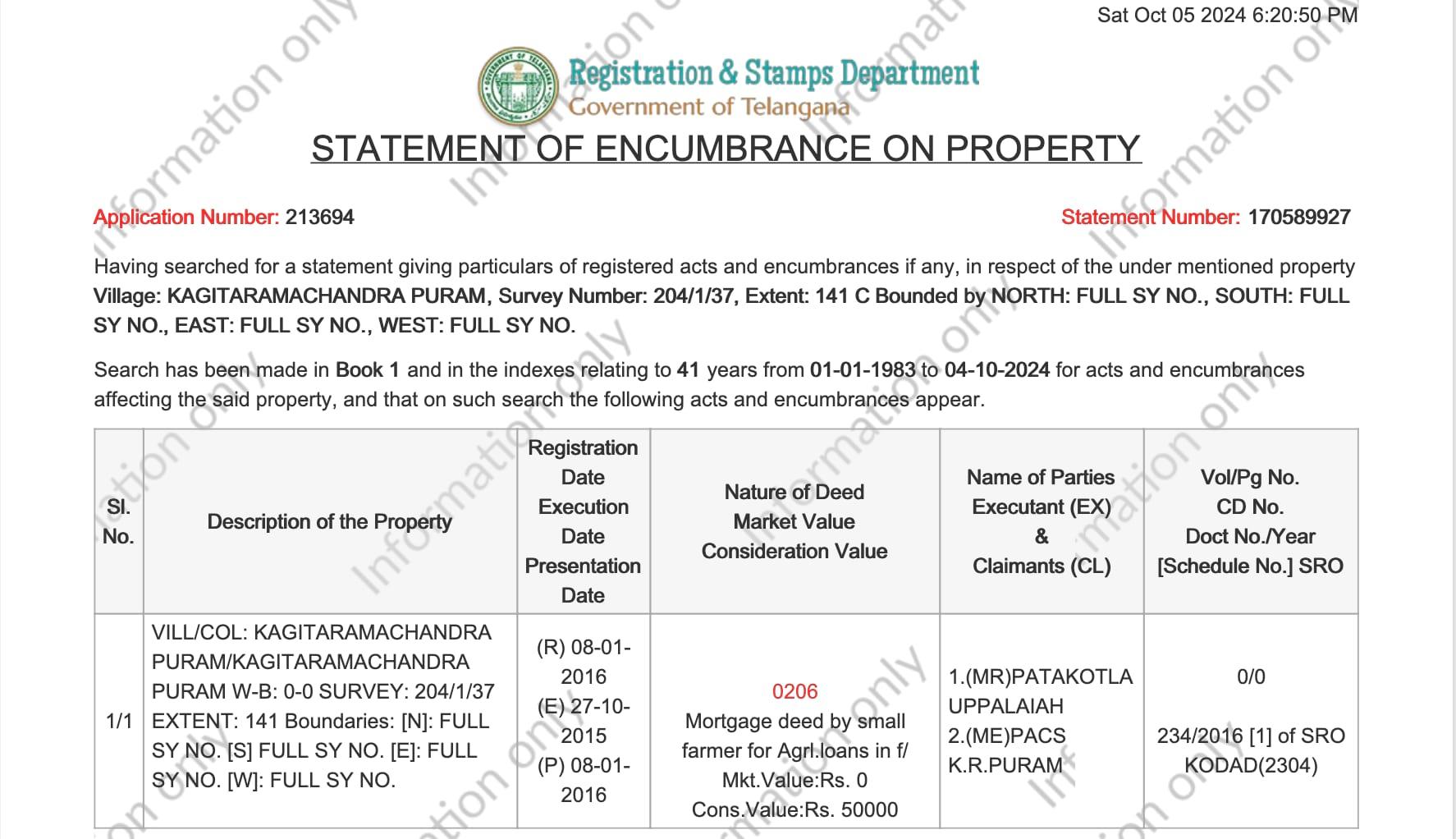 TS Encumbrance Certificate